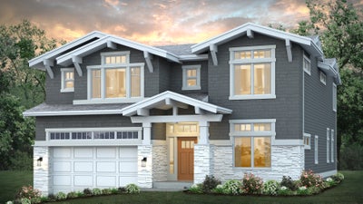 Two story elevation with stone accents, two car garage and white trim.