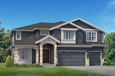 Elevation of a two story home with a three car garage and stone accents.