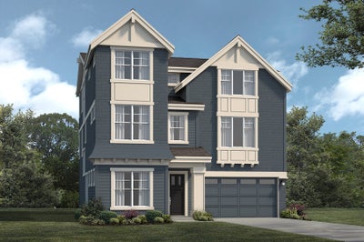 Elevation of a 3 story home with a two car garage.