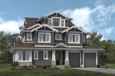 Elevation of a three story home with multiple peaks in the roofline.