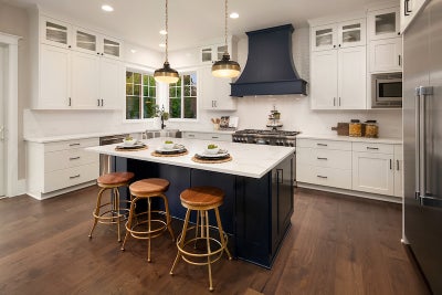 Kitchen with white cabinets, white countertops and a large island.