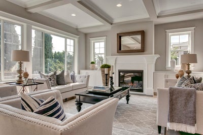 Great room with coffered ceiling.