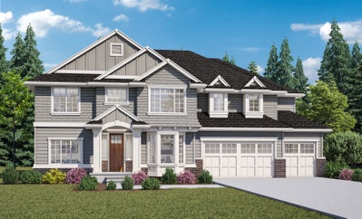 Elevation of a two story home with a peaked roofline and stone accents.